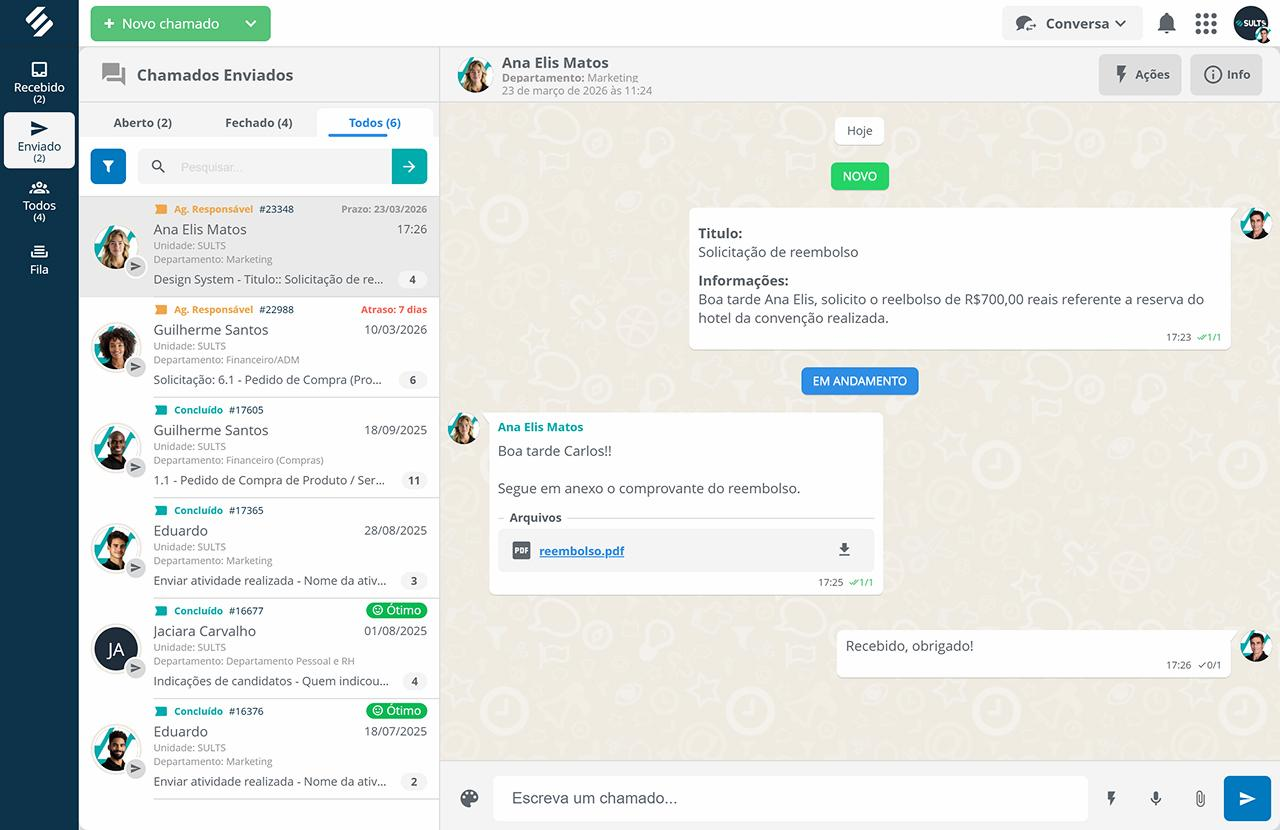 Chamados internos industriais com SLA e histórico por equipamento no SULTS Tela de conversa do módulo de Chamados com chat em tempo real, histórico de manutenção, SLA por tipo de solicitação e status por área industrial