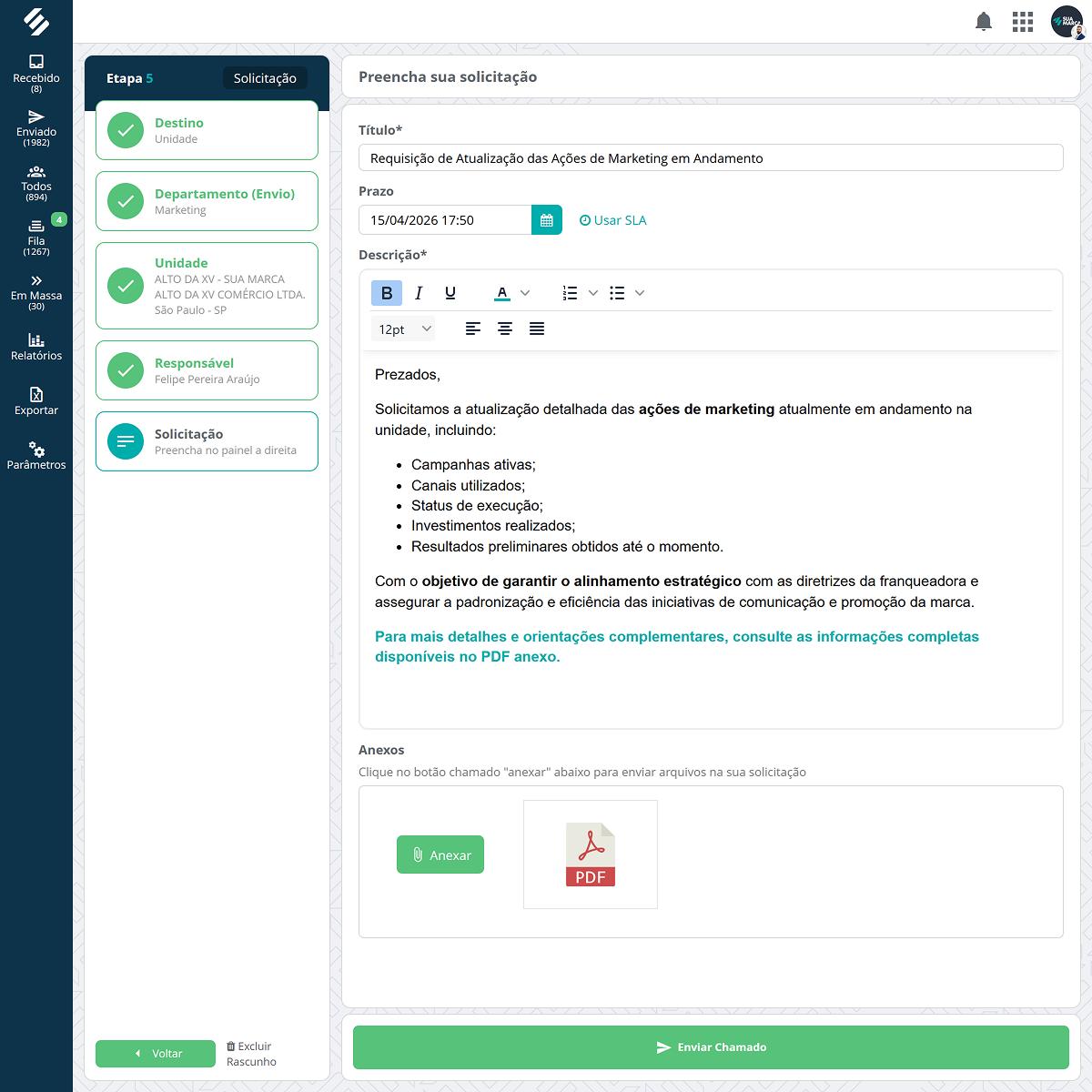 Abra chamados com formulários inteligentes e categorização automática no SULTS Tela de abertura de chamado no SULTS com formulário dinâmico, seleção de departamento, assunto e campos obrigatórios personalizados