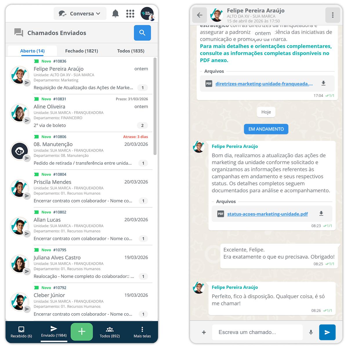 Resolva chamados com SLA, mensagens internas e ciclo de validação no SULTS Timeline de chamado no SULTS com interações, mensagens internas, controle de SLA com dois relógios e avaliação de atendimento