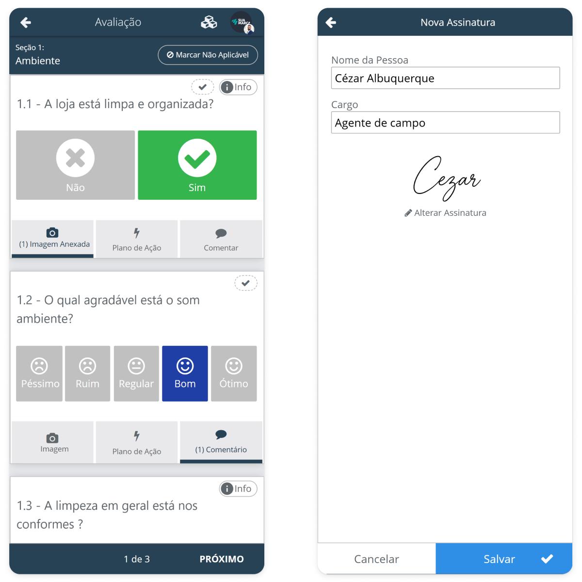 Aplique checklists em campo pelo app com assinatura digital e evidências fotográficas App SULTS Checklist com inspeção em campo mostrando questões Sim/Não, escala de satisfação e tela de assinatura digital do agente de campo