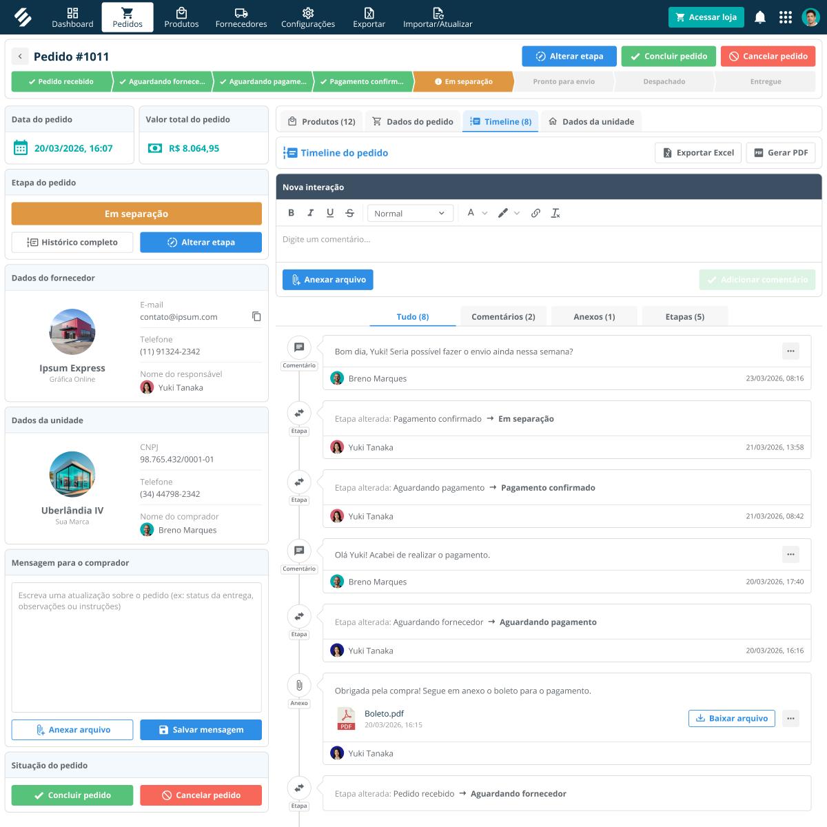 Acompanhe pedidos em tempo real com painel de interação e push notifications Painel de interação pós-pedido no SULTS Compras com timeline de status, chat entre comprador e fornecedor e push notifications