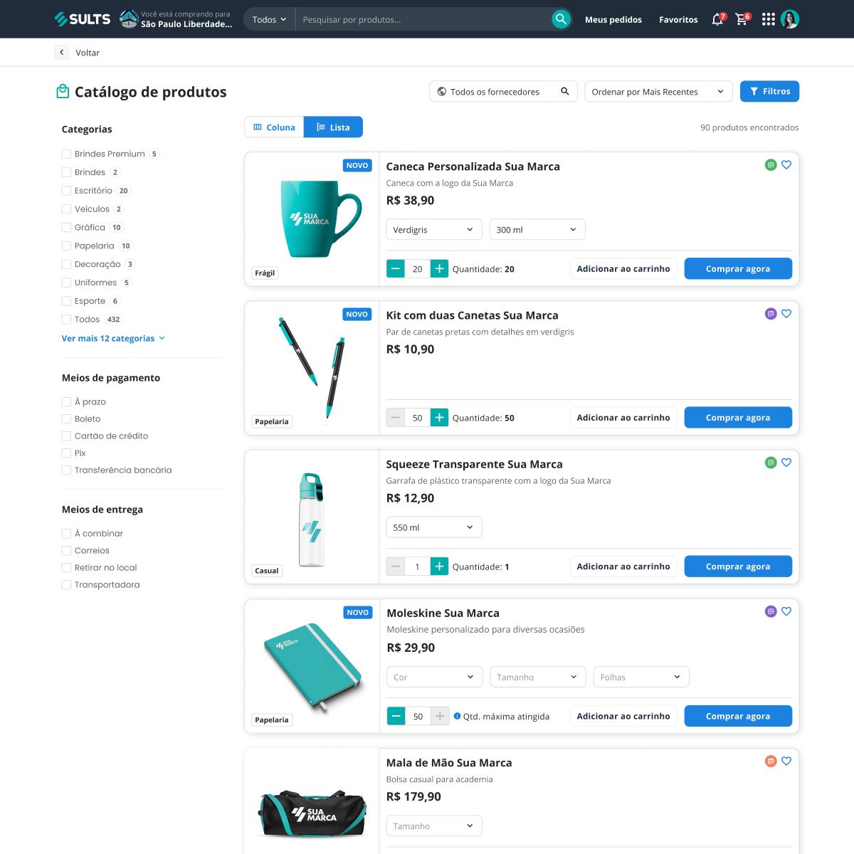 Cadastre o catálogo digital B2B com variações e precificação por customização Tela de cadastro de produto no SULTS Compras com variações ilimitadas, preço por customização e regras de quantidade mínima e máxima