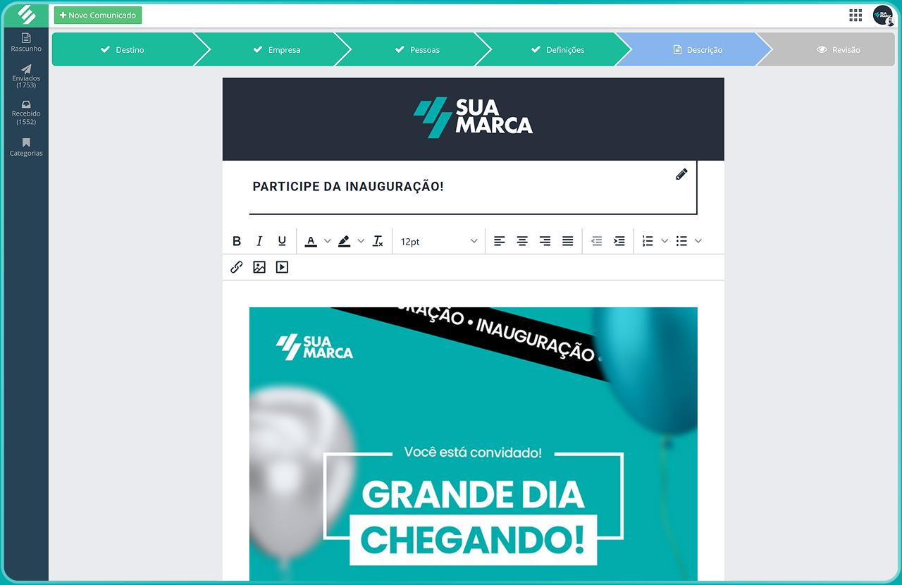 Comunicados com confirmação de leitura para redes de filiais Painel de comunicados da SULTS com lista de mensagens enviadas, taxa de leitura por loja, data de publicação e status de confirmação