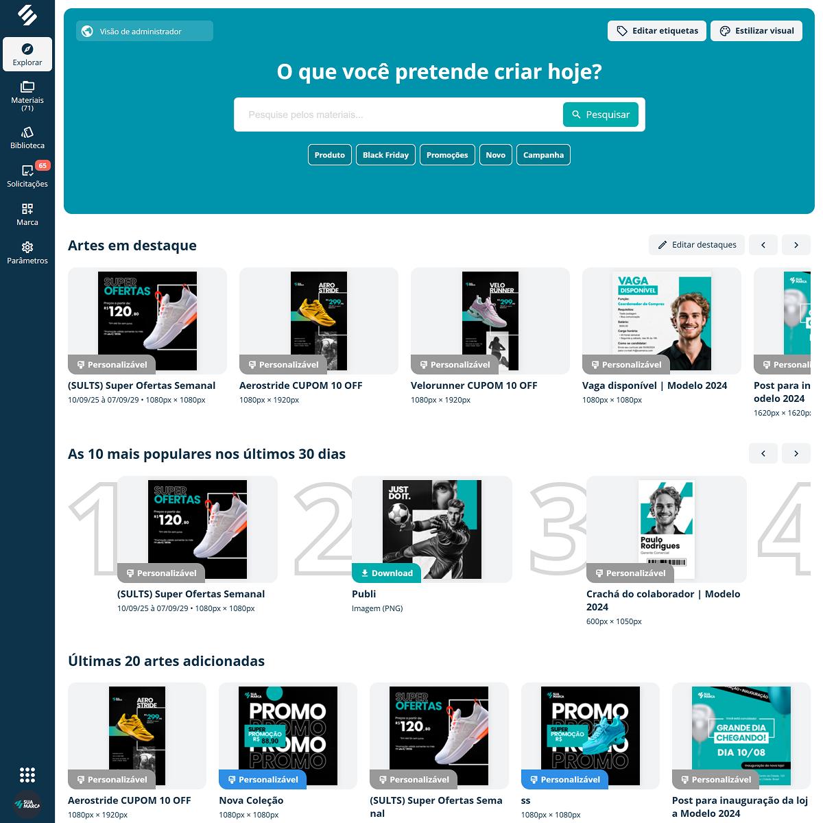 Configure o brand kit com cores, fontes e logos oficiais no SULTS Marketing Configuração do brand kit no SULTS Marketing com cadastro de cores oficiais, fontes da marca e logos em múltiplos formatos