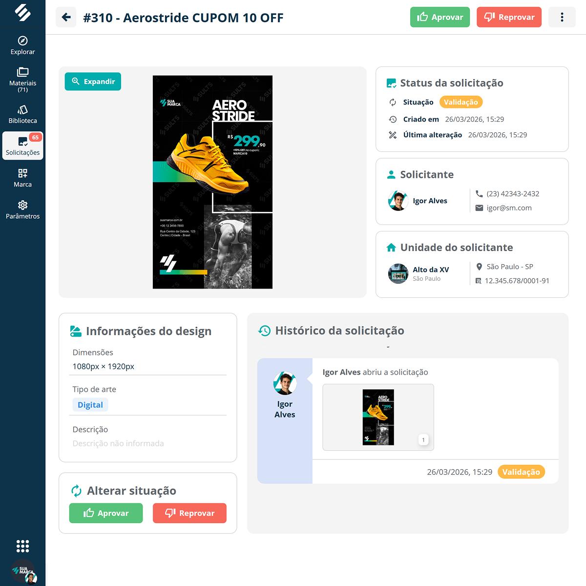 Dashboard de indicadores de uso e engajamento por unidade no SULTS Marketing Dashboard do SULTS Marketing com indicadores de download por unidade, peças mais utilizadas e engajamento com campanhas