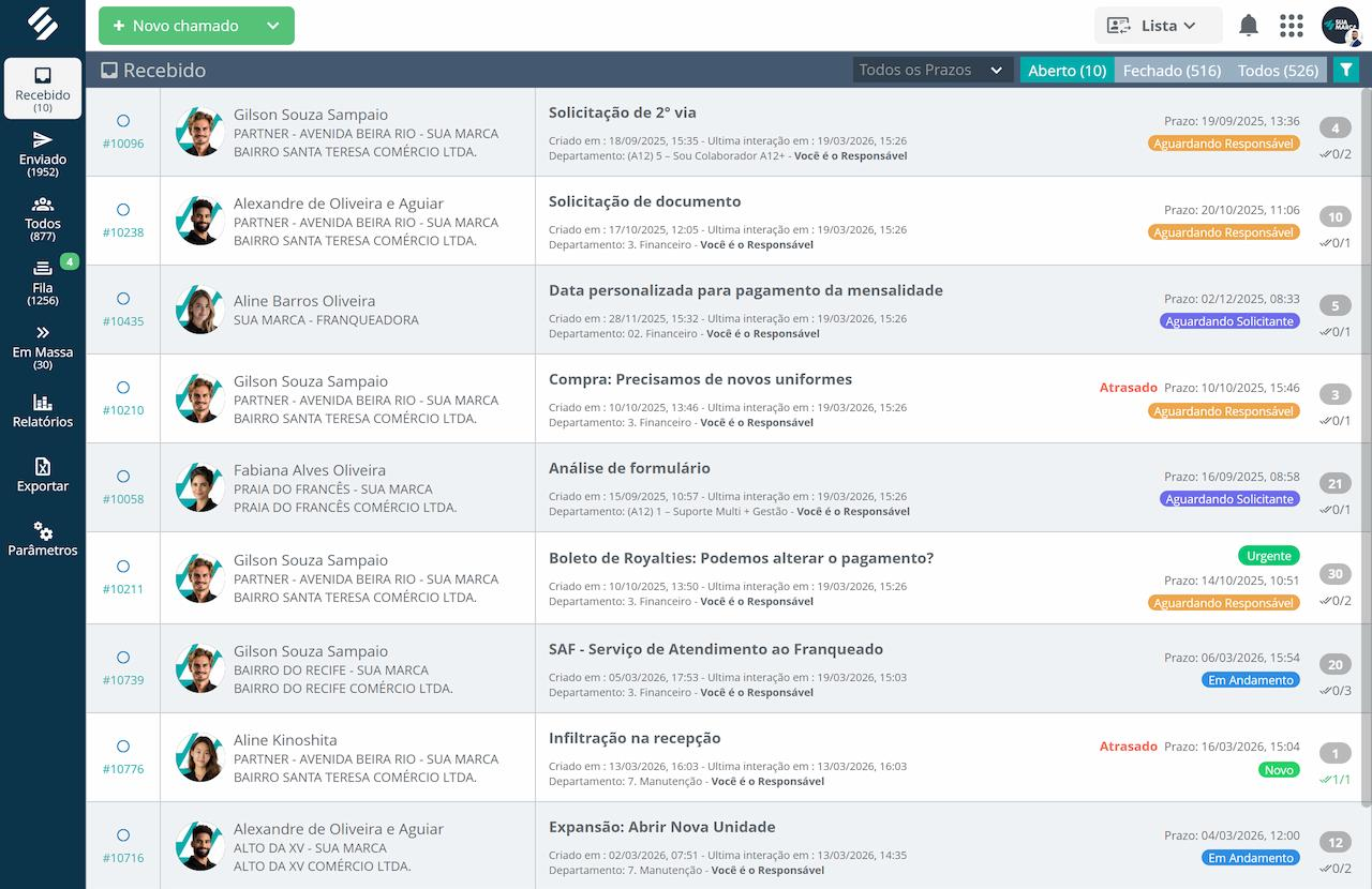 Fila de chamados internos com solicitante, unidade, departamento, prazo de SLA, status de atendimento e contagem de interações Fila de chamados internos com solicitante, unidade, departamento, prazo de SLA, status de atendimento e contagem de interações